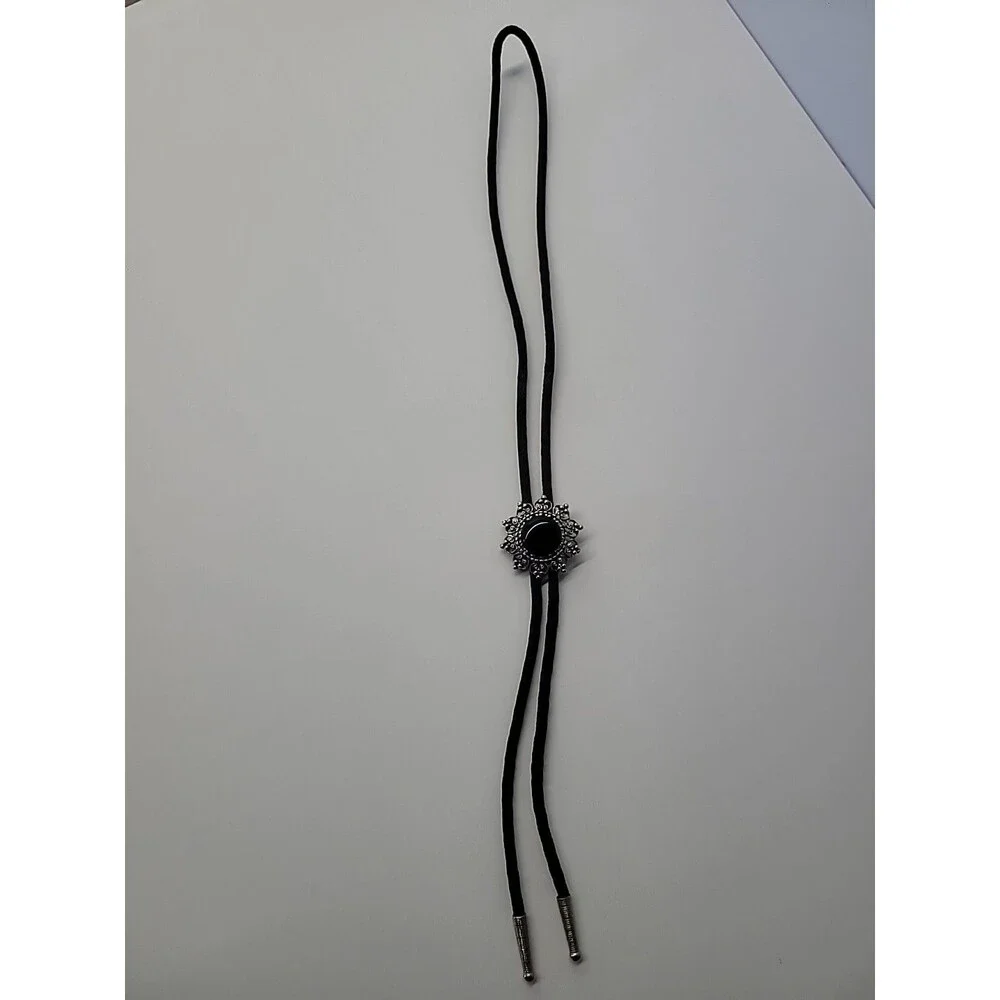 Black Bolo‎ Necklace Silver Tone Filigree Black Cabochon Western Cord Slide
